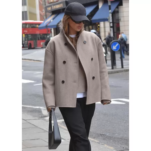 chouyatou Womens Winter Double Breasted Wool Blazer Jacket Business Casual Short Wool Pea CoatKhaki