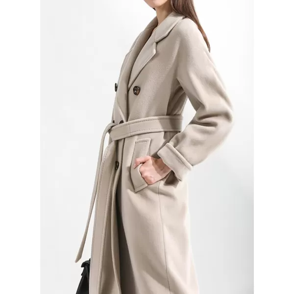 chouyatou Womens Winter Double Breasted Wool Coat Business Casual Midi Long Winter Trench Coat with BeltBeige