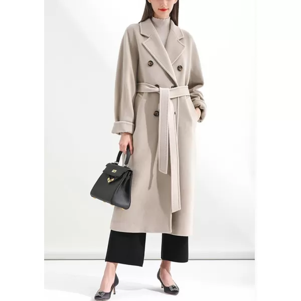 chouyatou Womens Winter Double Breasted Wool Coat Business Casual Midi Long Winter Trench Coat with BeltBeige