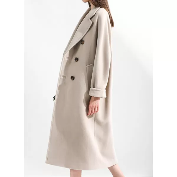 chouyatou Womens Winter Double Breasted Wool Coat Business Casual Midi Long Winter Trench Coat with BeltBeige