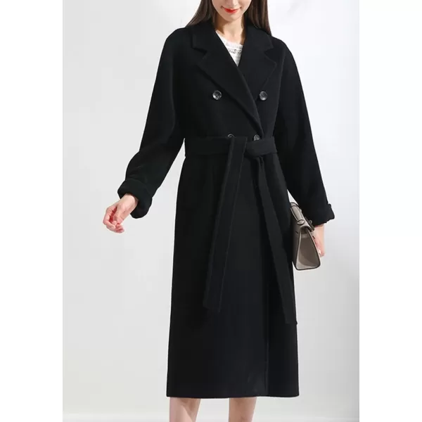 chouyatou Womens Winter Double Breasted Wool Coat Business Casual Midi Long Winter Trench Coat with BeltBlack