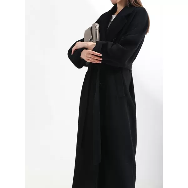 chouyatou Womens Winter Double Breasted Wool Coat Business Casual Midi Long Winter Trench Coat with BeltBlack