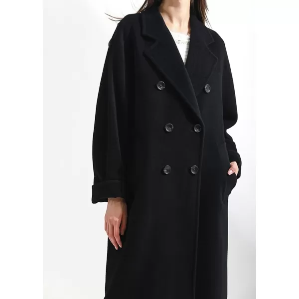 chouyatou Womens Winter Double Breasted Wool Coat Business Casual Midi Long Winter Trench Coat with BeltBlack
