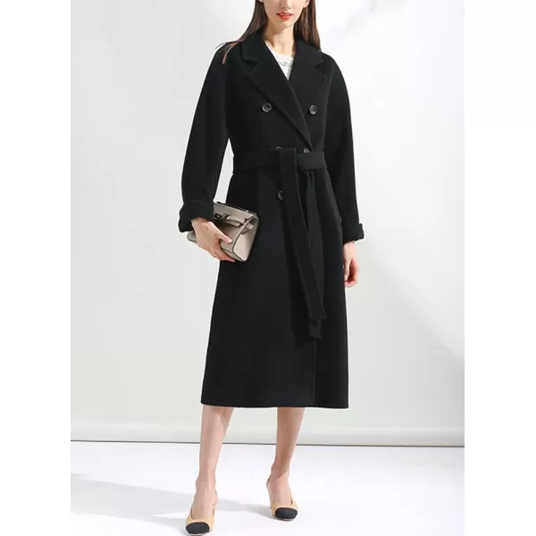 chouyatou Womens Winter Double Breasted Wool Coat Business Casual Midi Long Winter Trench Coat with BeltBlack