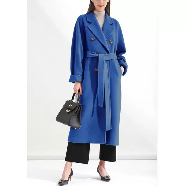chouyatou Womens Winter Double Breasted Wool Coat Business Casual Midi Long Winter Trench Coat with BeltBlue