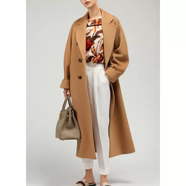 chouyatou Womens Winter Double Breasted Wool Coat Business Casual Midi Long Winter Trench Coat with BeltCamel