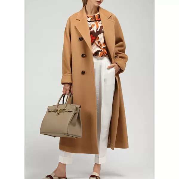 chouyatou Womens Winter Double Breasted Wool Coat Business Casual Midi Long Winter Trench Coat with BeltCamel