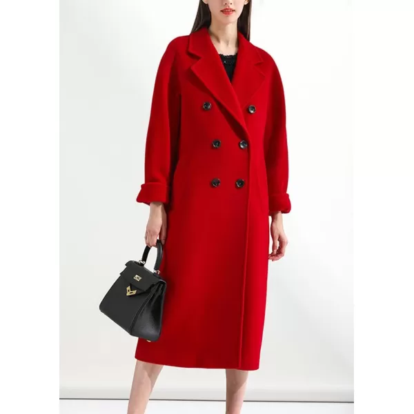 chouyatou Womens Winter Double Breasted Wool Coat Business Casual Midi Long Winter Trench Coat with BeltRed