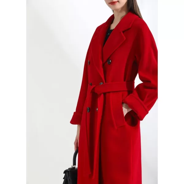 chouyatou Womens Winter Double Breasted Wool Coat Business Casual Midi Long Winter Trench Coat with BeltRed