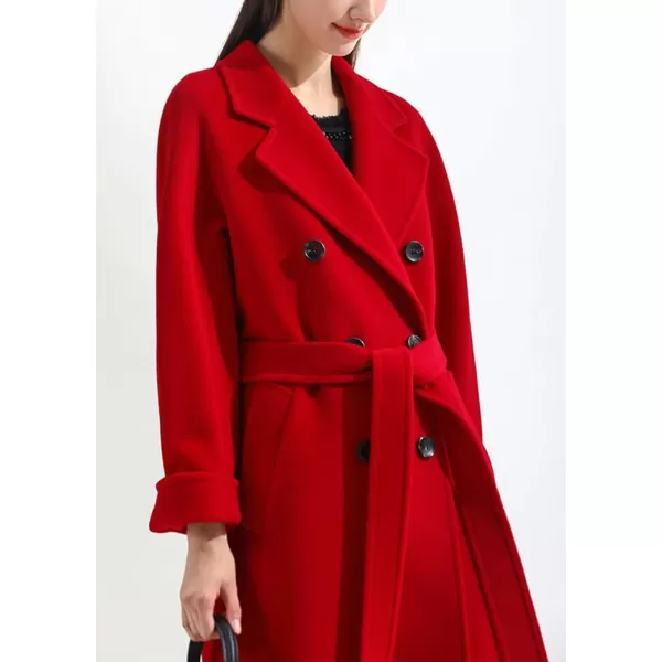 chouyatou Womens Winter Double Breasted Wool Coat Business Casual Midi Long Winter Trench Coat with BeltRed