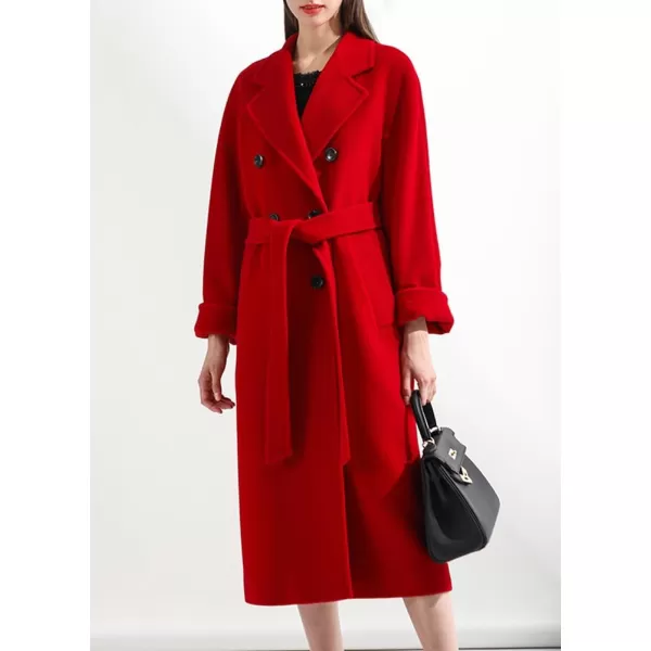 chouyatou Womens Winter Double Breasted Wool Coat Business Casual Midi Long Winter Trench Coat with BeltRed