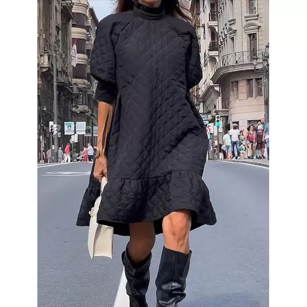 chouyatou Womens Winter Puff Sleeve Quilted Babydoll Dress Flounce Hem Midi Padded Quilted DressBlack