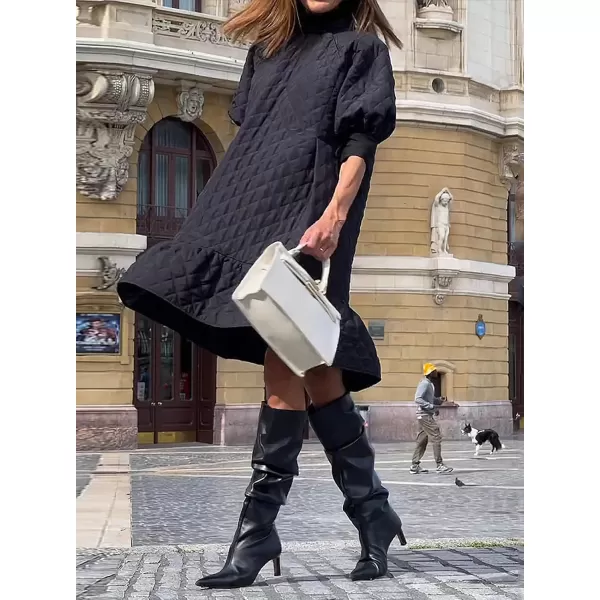 chouyatou Womens Winter Puff Sleeve Quilted Babydoll Dress Flounce Hem Midi Padded Quilted DressBlack