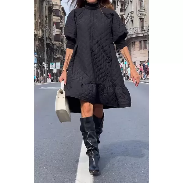 chouyatou Womens Winter Puff Sleeve Quilted Babydoll Dress Flounce Hem Midi Padded Quilted DressBlack