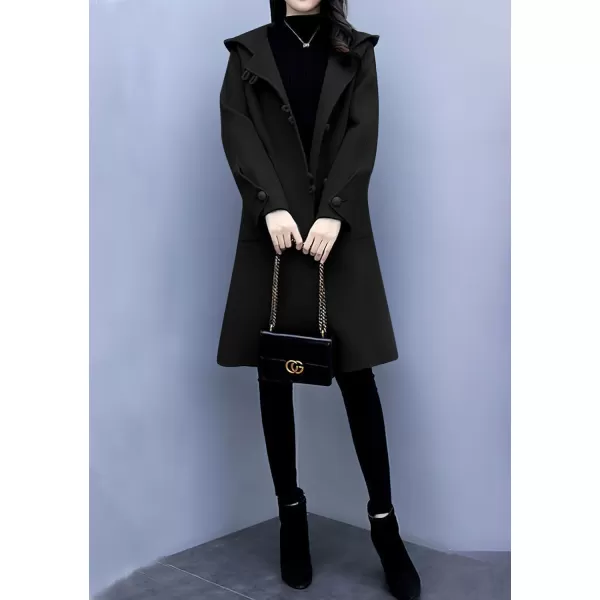 chouyatou Womens Winter Single Breasted Hooded Wool Coat Wool Blend Long Trench Pea CoatBlack