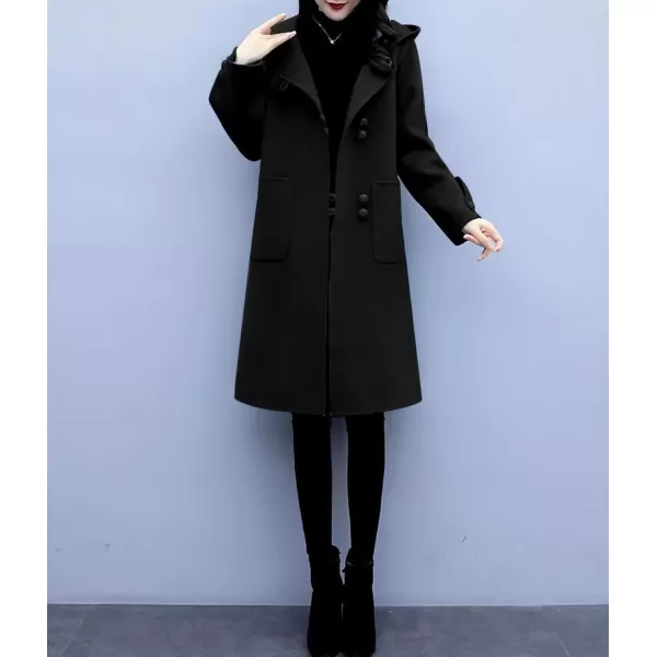 chouyatou Womens Winter Single Breasted Hooded Wool Coat Wool Blend Long Trench Pea CoatBlack