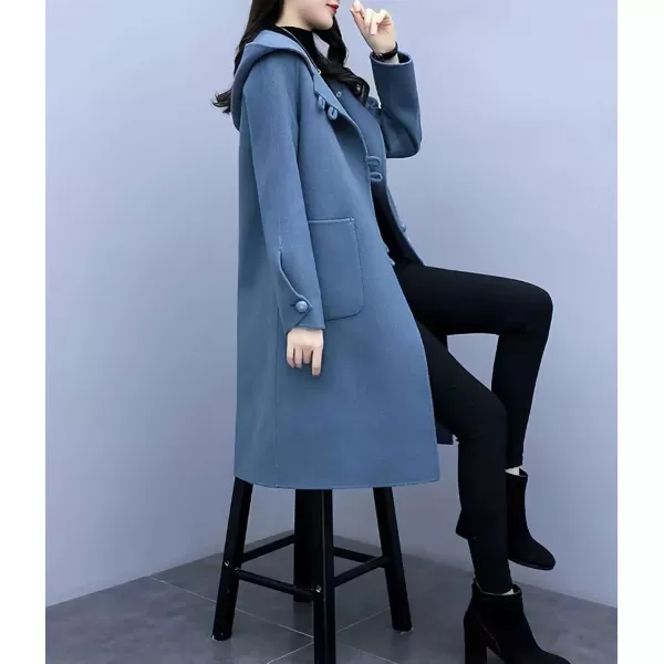 chouyatou Womens Winter Single Breasted Hooded Wool Coat Wool Blend Long Trench Pea CoatBlue