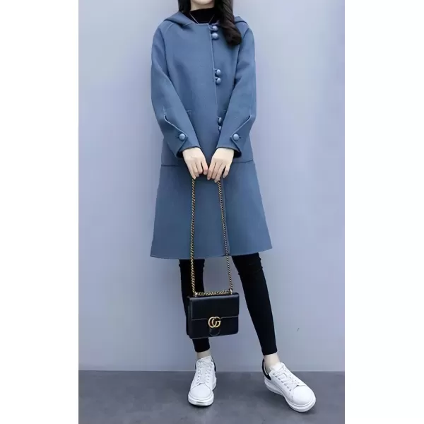 chouyatou Womens Winter Single Breasted Hooded Wool Coat Wool Blend Long Trench Pea CoatBlue