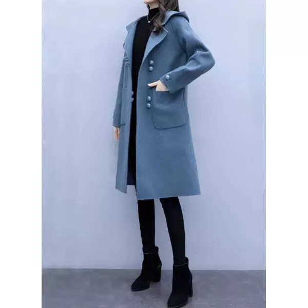 chouyatou Womens Winter Single Breasted Hooded Wool Coat Wool Blend Long Trench Pea CoatBlue