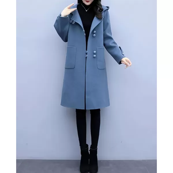 chouyatou Womens Winter Single Breasted Hooded Wool Coat Wool Blend Long Trench Pea CoatBlue
