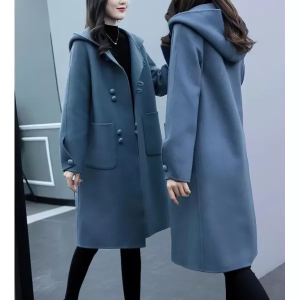chouyatou Womens Winter Single Breasted Hooded Wool Coat Wool Blend Long Trench Pea CoatBlue