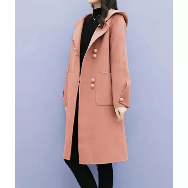 chouyatou Womens Winter Single Breasted Hooded Wool Coat Wool Blend Long Trench Pea CoatPink
