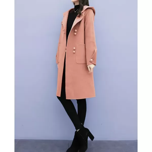 chouyatou Womens Winter Single Breasted Hooded Wool Coat Wool Blend Long Trench Pea CoatPink
