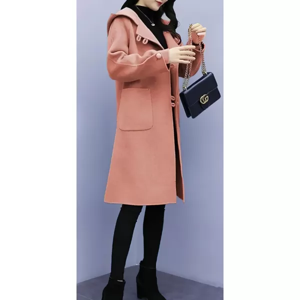 chouyatou Womens Winter Single Breasted Hooded Wool Coat Wool Blend Long Trench Pea CoatPink