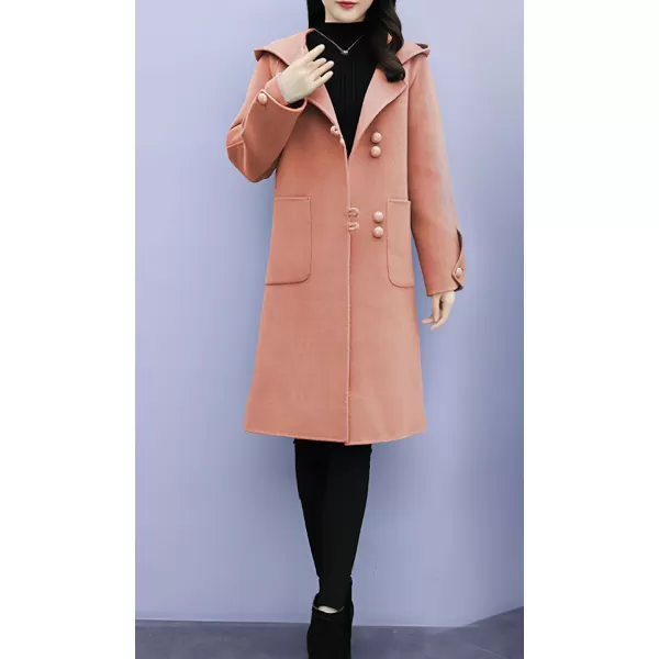 chouyatou Womens Winter Single Breasted Hooded Wool Coat Wool Blend Long Trench Pea CoatPink