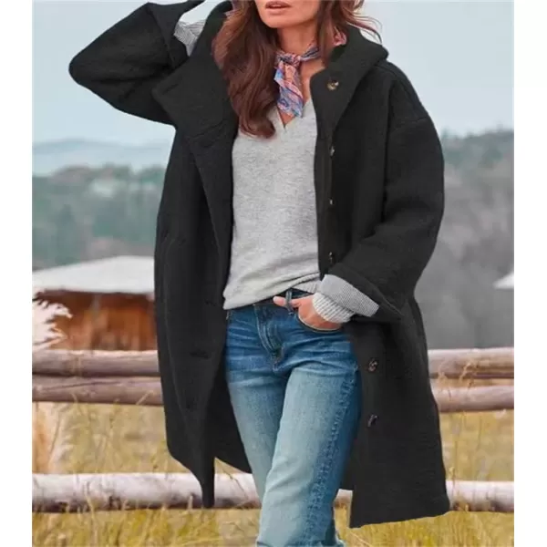 chouyatou Womens Winter Single Breasted Long Wool Coat with Hood Casual Wool Blend Trench Coat JacketBlack