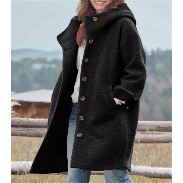 chouyatou Womens Winter Single Breasted Long Wool Coat with Hood Casual Wool Blend Trench Coat JacketBlack