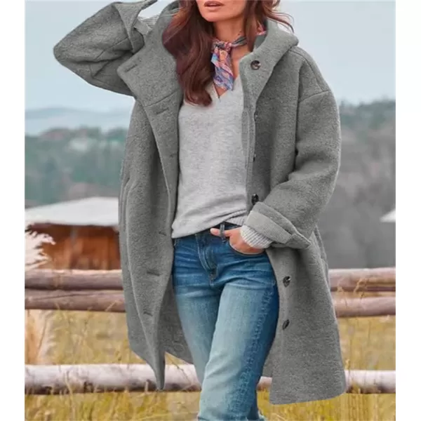 chouyatou Womens Winter Single Breasted Long Wool Coat with Hood Casual Wool Blend Trench Coat JacketGray