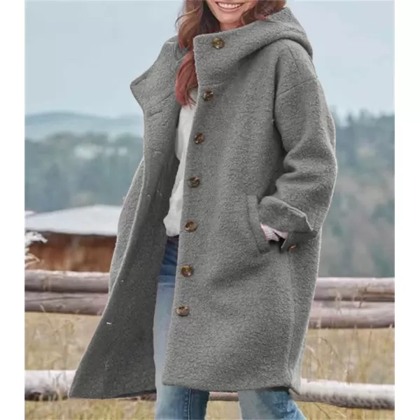 chouyatou Womens Winter Single Breasted Long Wool Coat with Hood Casual Wool Blend Trench Coat JacketGray