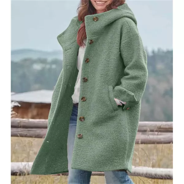 chouyatou Womens Winter Single Breasted Long Wool Coat with Hood Casual Wool Blend Trench Coat JacketGreen