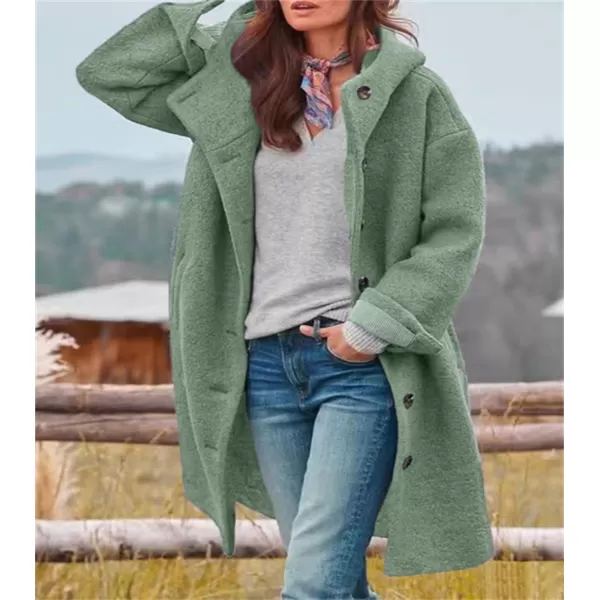 chouyatou Womens Winter Single Breasted Long Wool Coat with Hood Casual Wool Blend Trench Coat JacketGreen