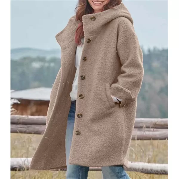 chouyatou Womens Winter Single Breasted Long Wool Coat with Hood Casual Wool Blend Trench Coat JacketKhaki