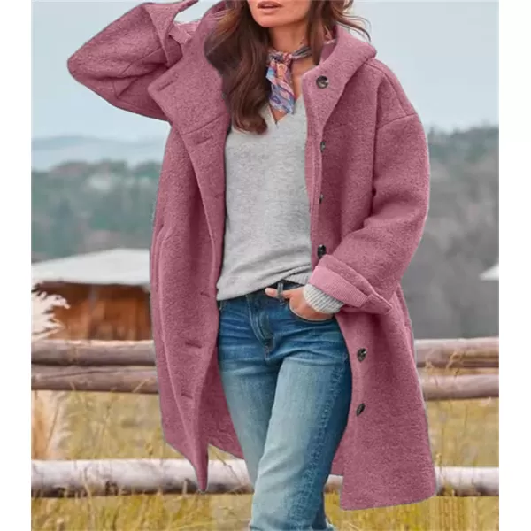 chouyatou Womens Winter Single Breasted Long Wool Coat with Hood Casual Wool Blend Trench Coat JacketRose Red
