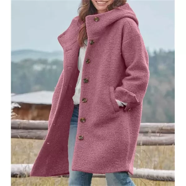 chouyatou Womens Winter Single Breasted Long Wool Coat with Hood Casual Wool Blend Trench Coat JacketRose Red