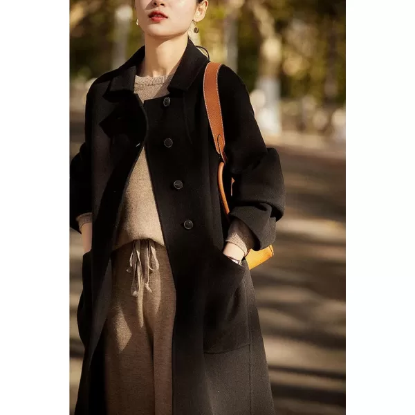 chouyatou Womens Winter Wool Coat Single Breasted Business Casual Midi Long Winter Trench CoatBlack