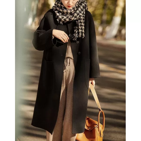 chouyatou Womens Winter Wool Coat Single Breasted Business Casual Midi Long Winter Trench CoatBlack