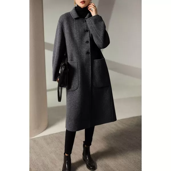 chouyatou Womens Winter Wool Coat Single Breasted Business Casual Midi Long Winter Trench CoatGrey