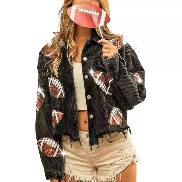 chouyatou Women Fall Sequin Rugby Distressed Corduroy Jacket Lightweight Frayed Oversized Denim JacketBlack