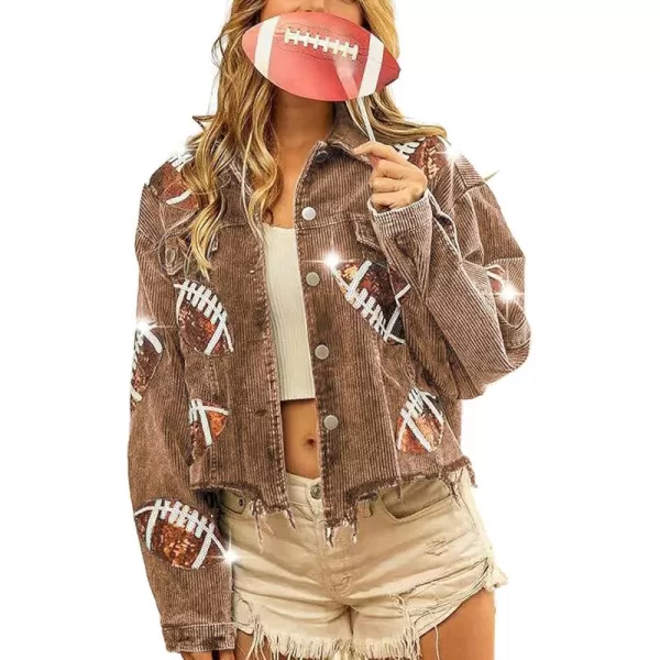 chouyatou Women Fall Sequin Rugby Distressed Corduroy Jacket Lightweight Frayed Oversized Denim JacketBrown