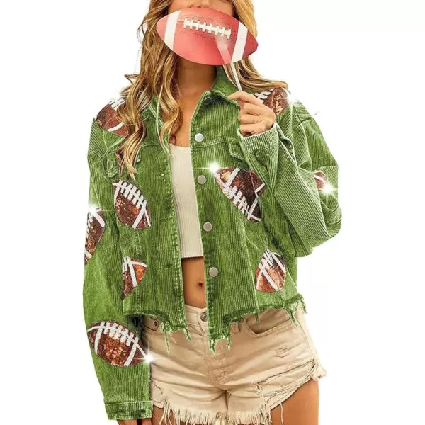 chouyatou Women Fall Sequin Rugby Distressed Corduroy Jacket Lightweight Frayed Oversized Denim JacketGreen