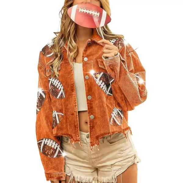 chouyatou Women Fall Sequin Rugby Distressed Corduroy Jacket Lightweight Frayed Oversized Denim JacketOrange