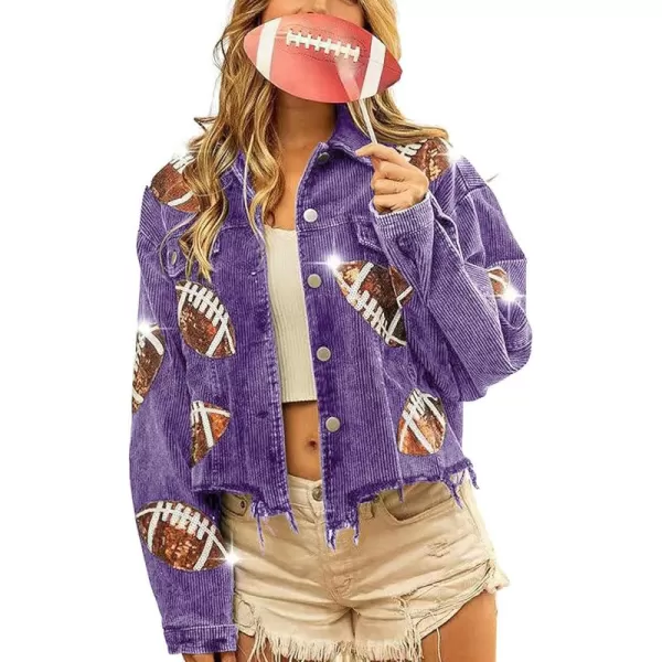 chouyatou Women Fall Sequin Rugby Distressed Corduroy Jacket Lightweight Frayed Oversized Denim JacketPurple
