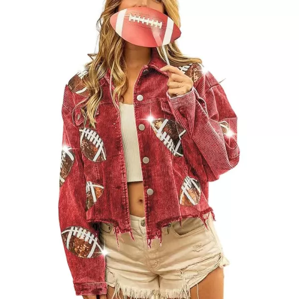 chouyatou Women Fall Sequin Rugby Distressed Corduroy Jacket Lightweight Frayed Oversized Denim JacketRed