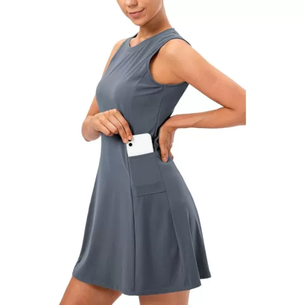 chouyatou Womens Active Sleeveless Crewneck FitFlare Tennis Workout Gym 2pcs Short Dress with Shorts Underneath PocketsGrey