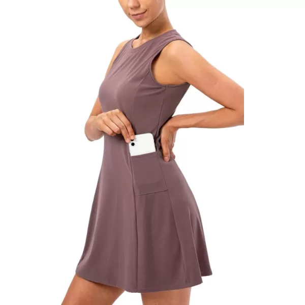 chouyatou Womens Active Sleeveless Crewneck FitFlare Tennis Workout Gym 2pcs Short Dress with Shorts Underneath PocketsPurple