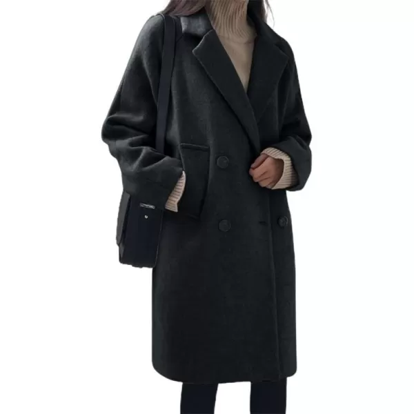 chouyatou Womens Casual Notch Lapel Double Breasted Warm Pea Coat OvercoatBlack
